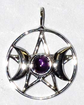 3/4" Triple Goddess Pentagram Amethyst Sterling