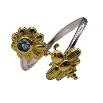 Size 9 Bee And Flower Ring With Blue Topaz