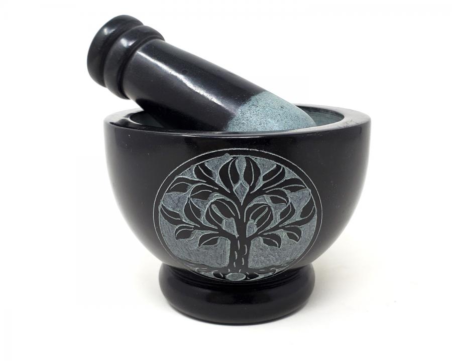 Tree of Life Carved Black Soapstone Mortar &amp; Pestle