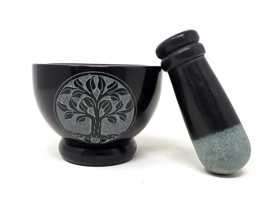 Tree of Life Carved Black Soapstone Mortar &amp; Pestle
