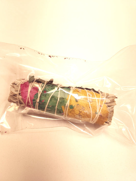 White Sage Smudge Stick with Colorful Rose Petals – Energy Cleansing & Chakra Healing
